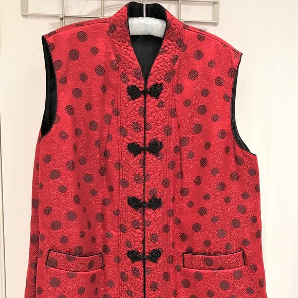 Chinese Long Brocade Vest Handmade Knot Buttons Luxurious Fabric Size XL - Picture 2 of 5